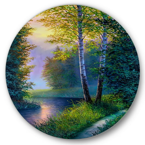 Designart 'Sunrise Glow Through The Birch Forest' Lake House Circle Metal Wall Art 36x36 - Disc of 36