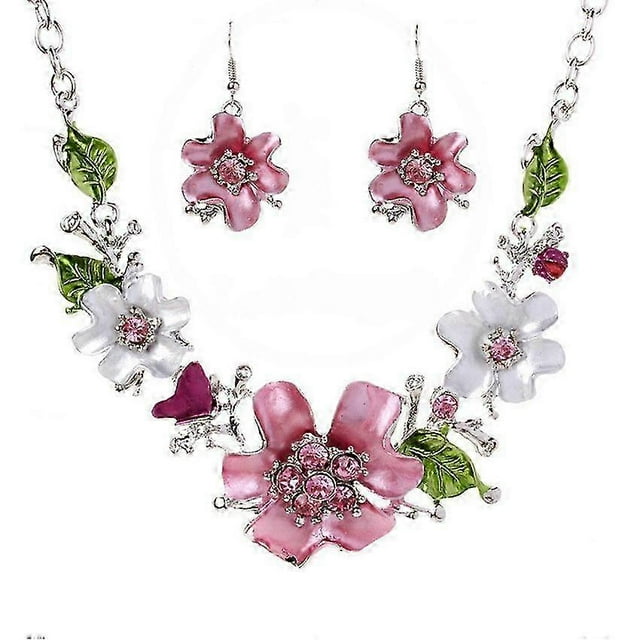 Silver Plated Charming Crystal Flower Bib Collar Necklace Earrings Jewelry Set