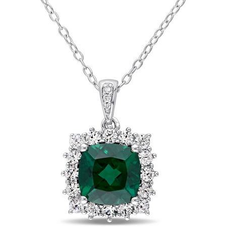 Tangelo 2-1/4 Carat T.G.W. Created Emerald and Created White Sapphire with Diamond-Accent Sterling Silver Halo Pendant, 18
