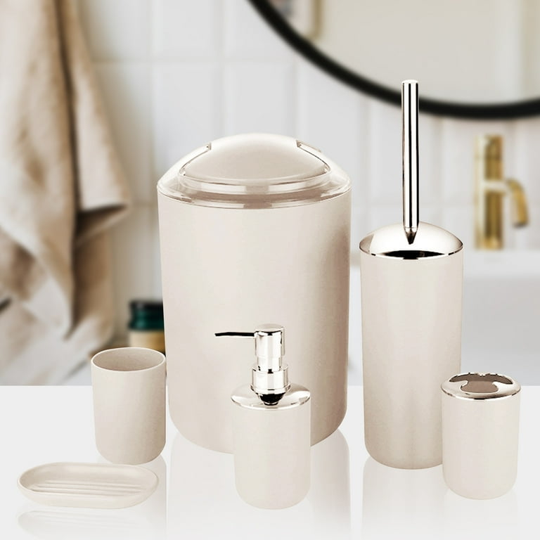 Kokovifyves 6 Piece Bathroom Accessory Set with Soap Dispenser Pump,  Toothbrush Holder, Toilet Brush, Trash Can,Tumbler and Soap Dish 