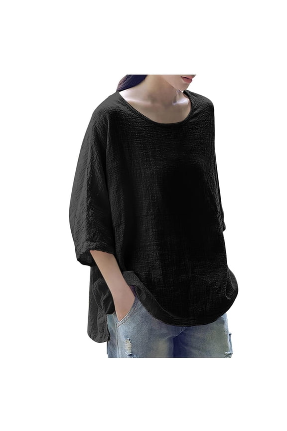 Plus Size Tops for Women Cotton Linen Casual Solid Color Crewneck Tshirts Three Quarter Length Sleeve Loose Comfy Tee Tops