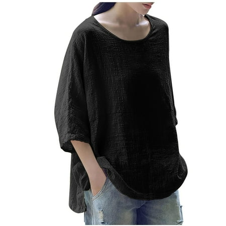 

Crop Tops for Women Tunic Tops Women s Fashion Solid Crew Neck Loose 3/4 Sleeve T-shirt Pullover Tops Womens Workout Tops Black Shirts for Women on Sales Black 2XL