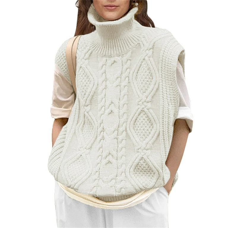 xkwyshop Women's Shoulder Pad Sweater Top Sleeveless Turtleneck Wide  Shoulder Knitted Sweater Jumpers Chic Pullovers Beige