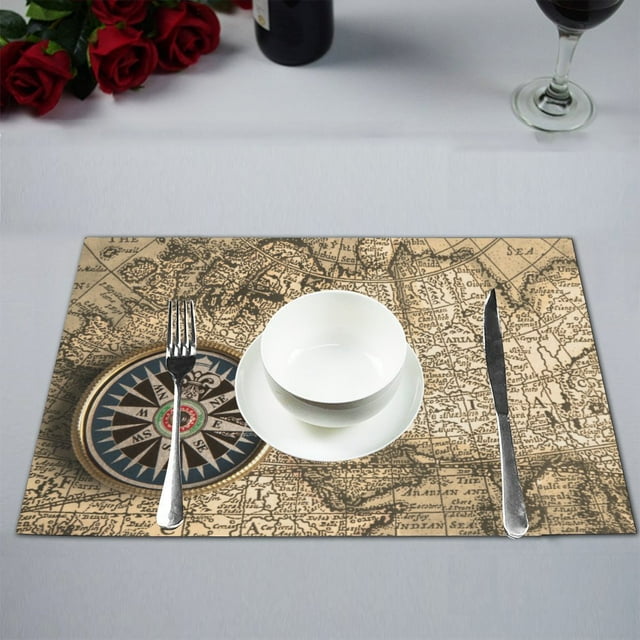 Mantel individual de mesa ABPHQTO brújula y mapa del mundo 30x45 cm antideslizante