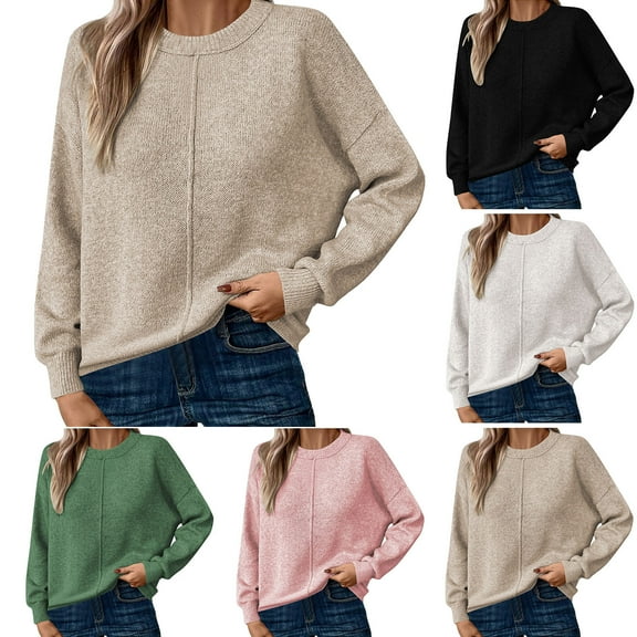 Drindf Women's Casual Sweaters Warm Long Sleeve Pullover Loose Crew Neck Shirts Comfy Soft Slouchy Sweater Tops Solid Color Knitted Jumpers