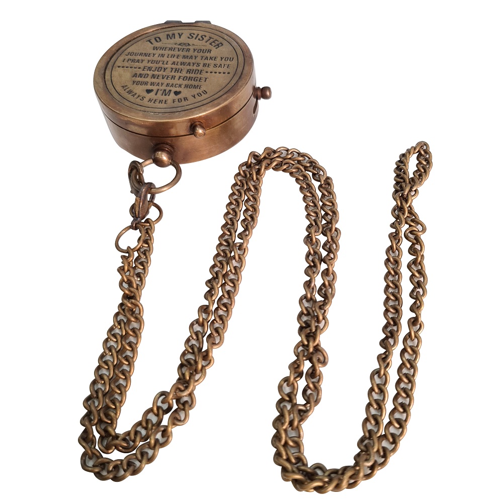 CollectiblesBuy Handmade Brass Vintage Nautical Engraved Pocket Compass Detachable Chain for My Sister Outdoor Navigation Camping & Hiking