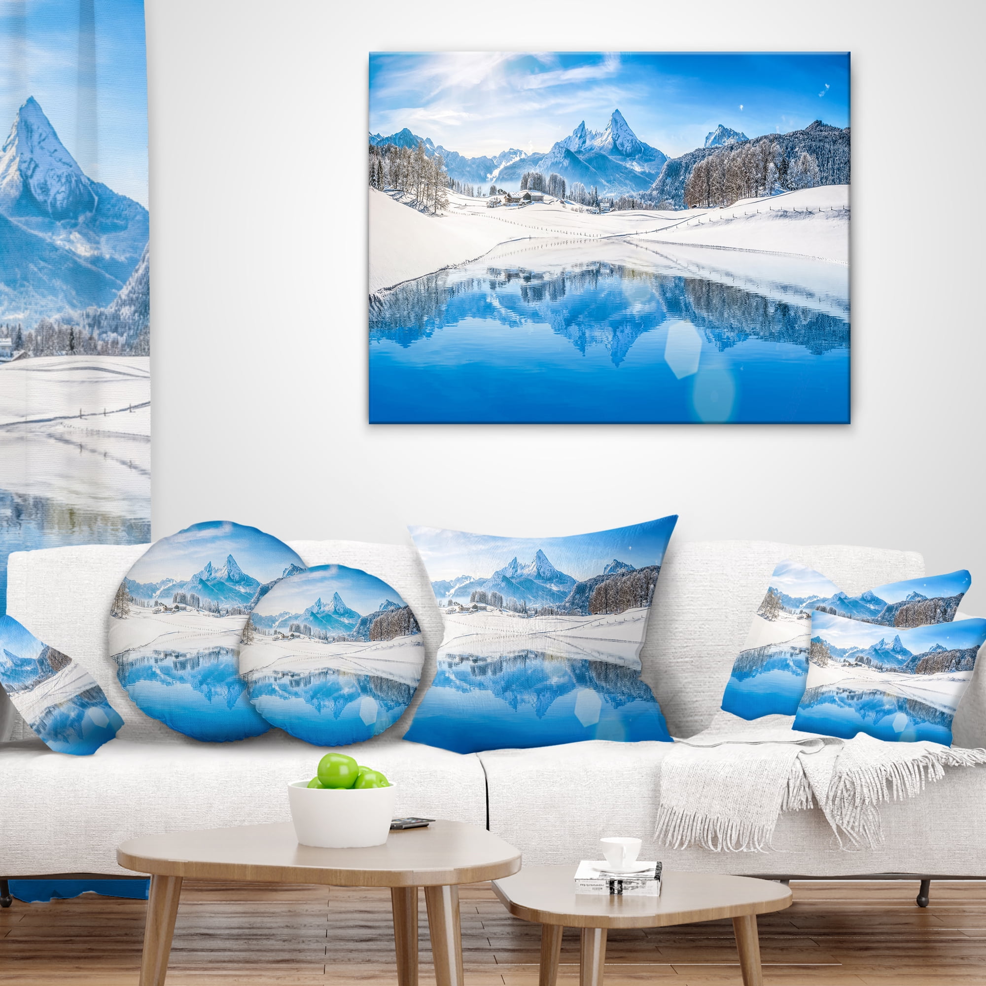 Designart Winter Mountain Lake in Alps - Landscape Photography Throw Pillow - 16x16