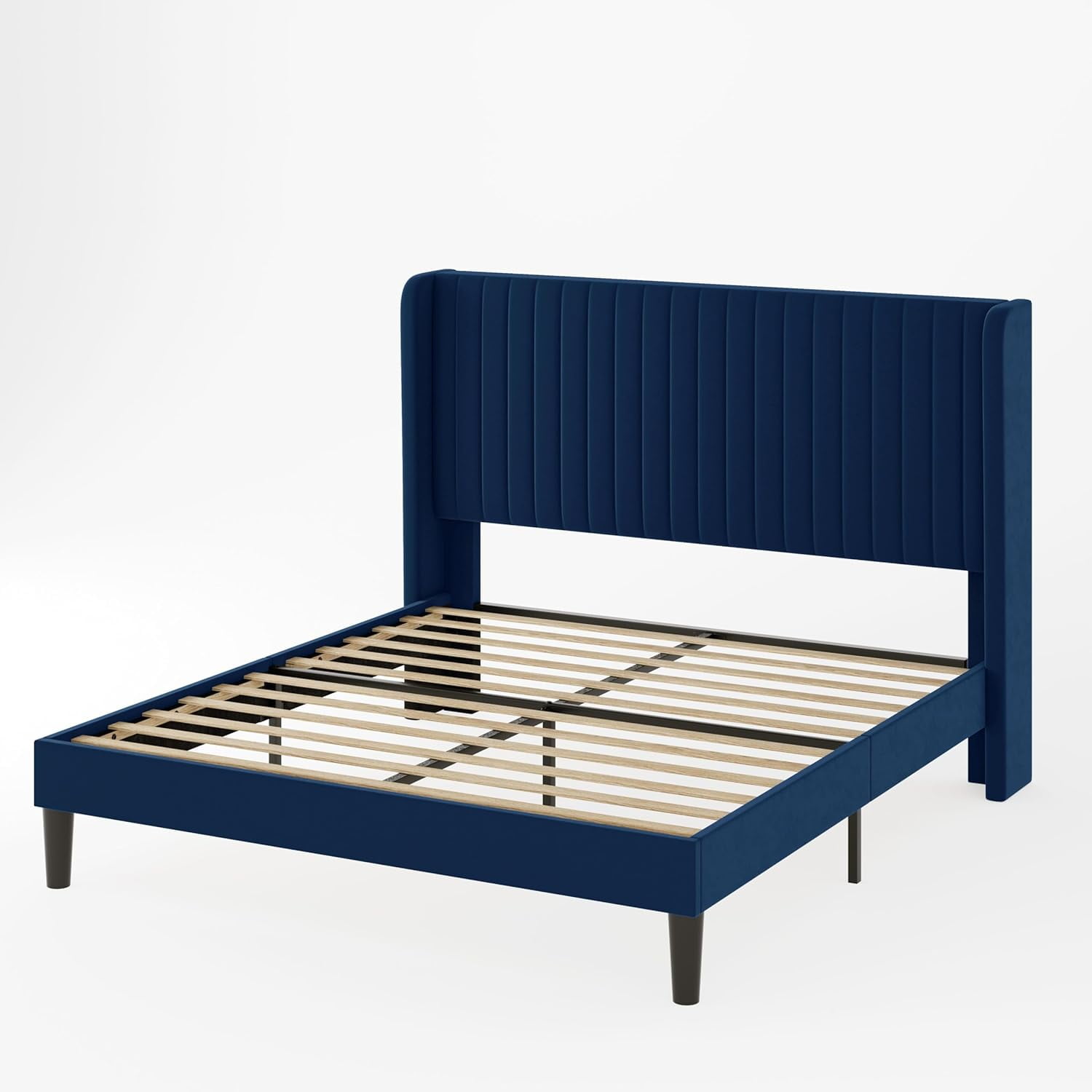 Allewie Queen Size Velvet Bed Frame/Vertical Channel Tufted Wingback Headboard/Upholstered Platform Bed/Strong Wooden Slats/No Box Spring Needed/Easy Assembly/Blue