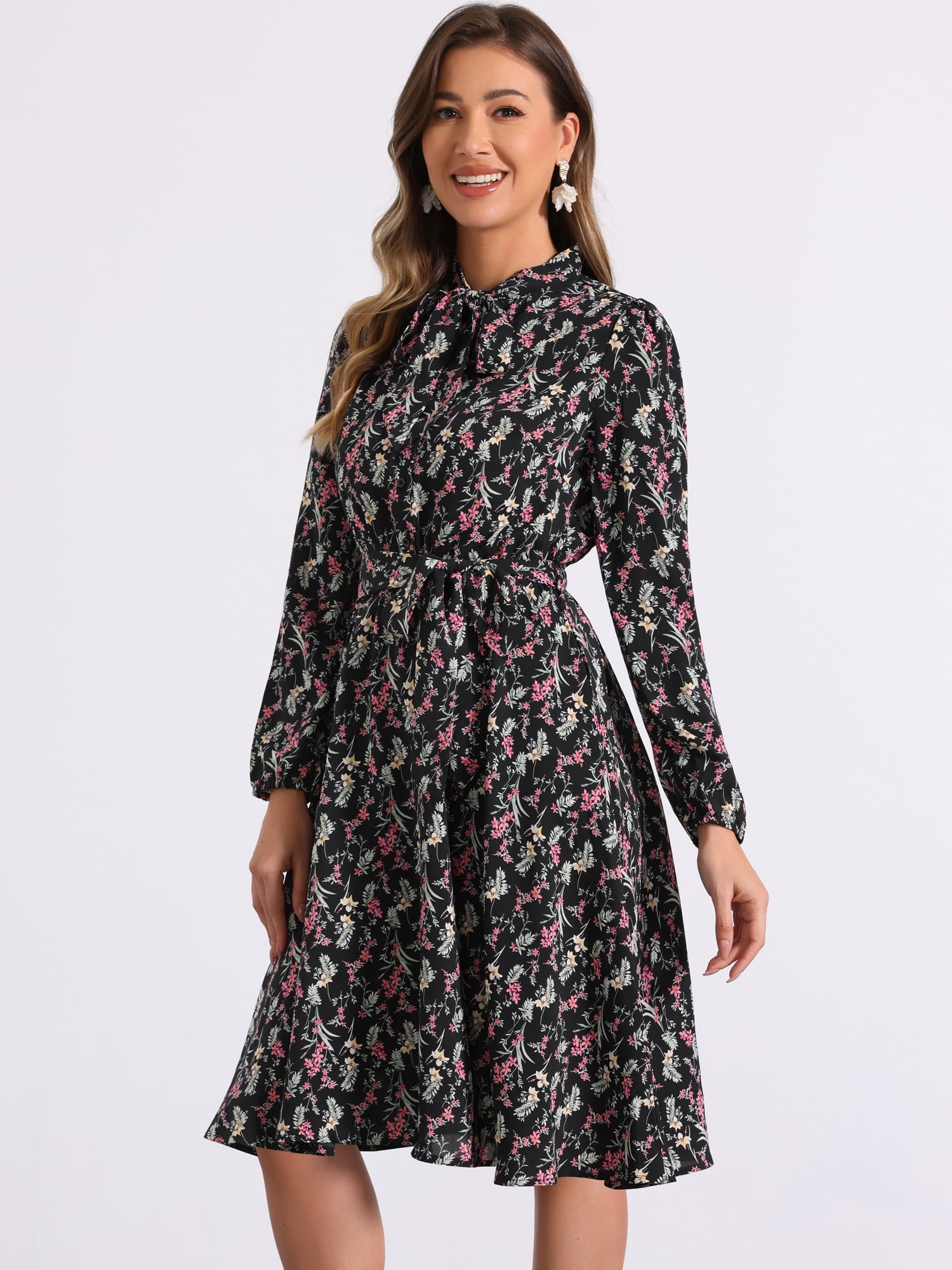 DARING DIVA Tie Neck Chiffon Belted Vintage Floral Midi Dress M Blacks
