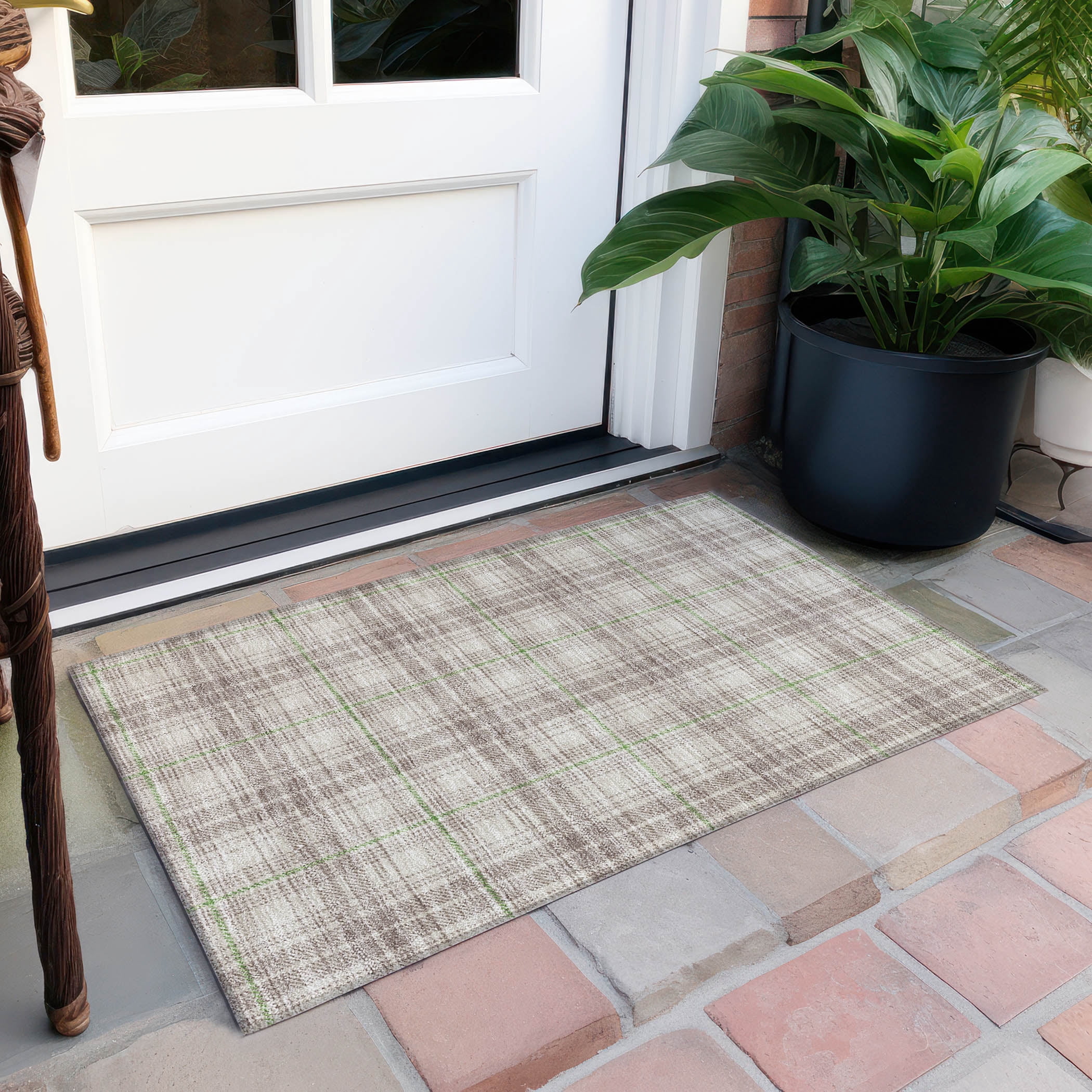 Addison Rugs Chantille Indoor/Outdoor Transitional Plaid Beige Washable Rectangle Rug, 1'8" x 2'6"