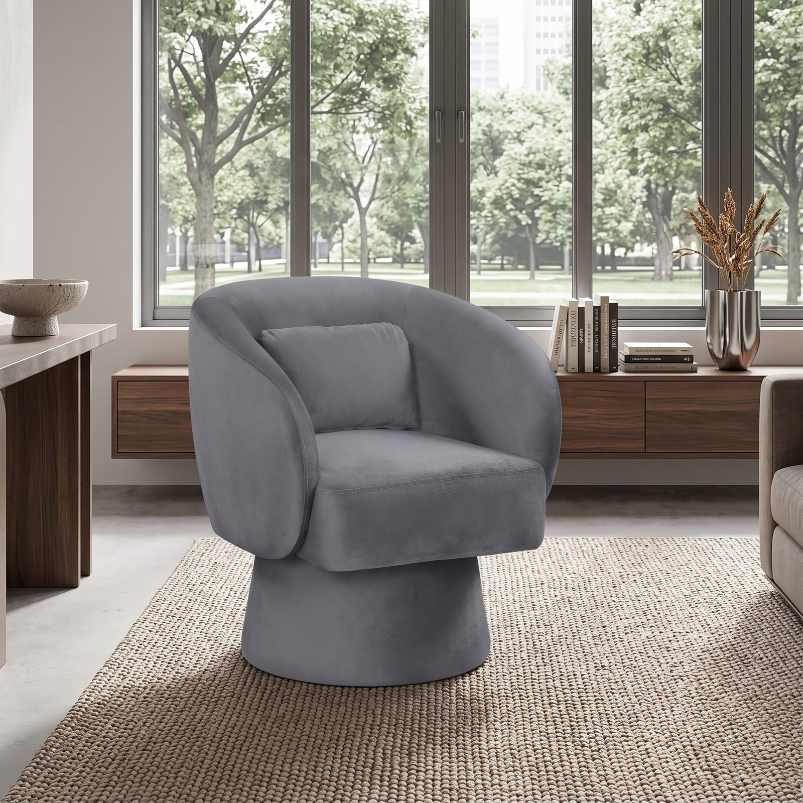 Furnibear Swivel Accent Chair, Upholstered Barrel Chair with Curved Back, 360-Degree Swivel Base and Removable Lumbar Pillow for Living Room Bedroom, 400 lbs, Gray