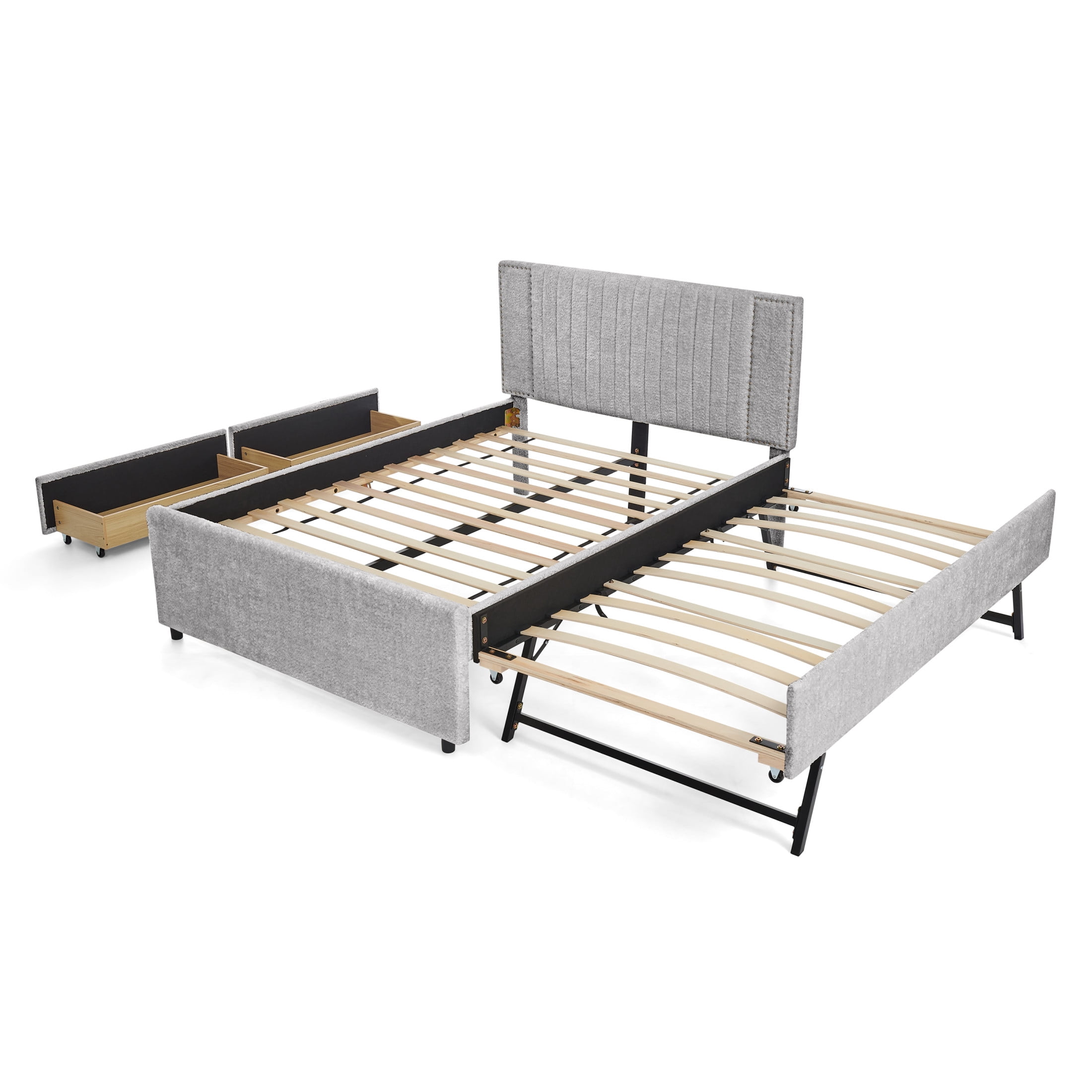 Noble House Luxen Full Chenille Upholstered Bed, Vertical Tufted Daybed with Pull-out Trundle and Storage Drawers, Gray