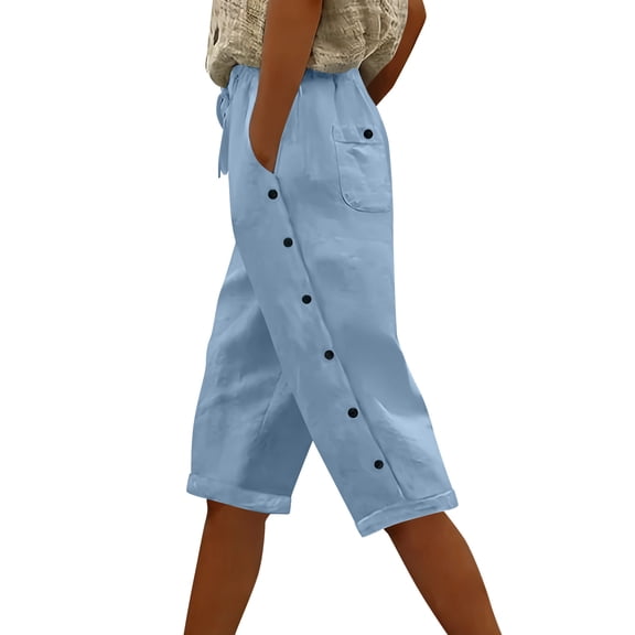 yillto Women Cotton Linen Capris Cropped Leg Loose Pants Elastic Waist Casual Capri Trousers with Pockets