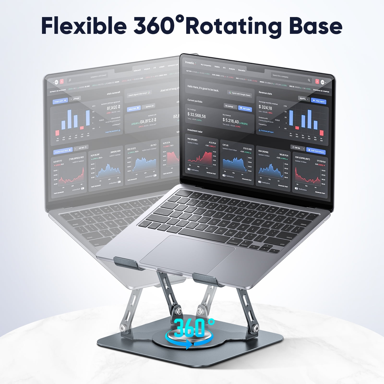 delpattern Laptop Stand with 360° Rotating Base, Laptop Stand for Desk, Carbon Steel Adjustable Stand for Laptop & Tablet, 8-17.3 inches Foldable Computer Holder