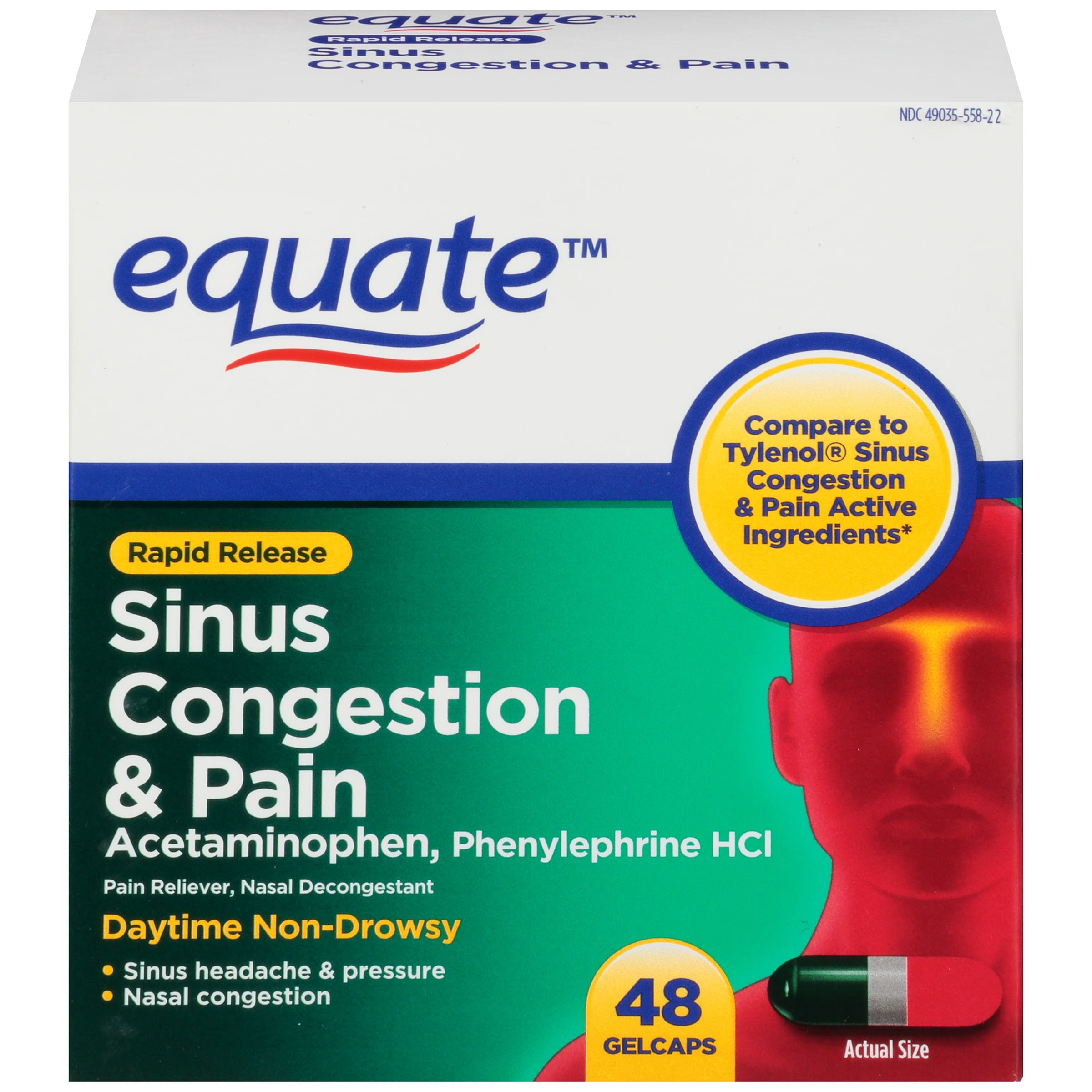 2 Pack Equate Sinus Congestion Pain Acetaminophen Rapid Release Gelcaps 325 Mg 48 Ct Walmart Com Walmart Com