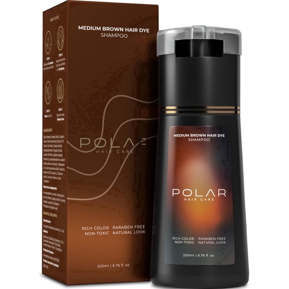 Polar Haircare - Medium Brown Shampoo Hair Dye - Semi Permanent Color for Gray Coverage, Vegan Instant Tint Formula - Fast Acting Medium Brown Shade, 6.76 fl oz