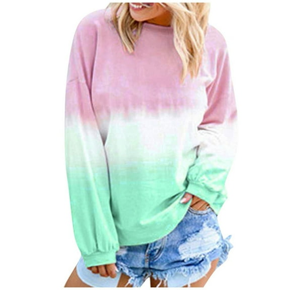 Womens Round Neck Long Sleeve Tops Loose Casual Pullover with Pockets Winter Tie-Dye Sweatshirt