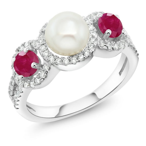 Gem Stone King 1.40 Cttw Round Cultured Freshwater Pearl and Red Ruby Ring for Women | 925 Sterling Silver | Gemstone Birthstone | Available in Size 5, 6, 7, 8, 9