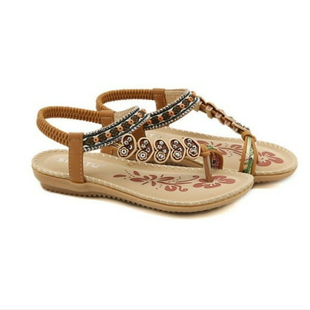 

DAFENGEA Womens Flats Sandals Summer Gladiator Bohemian Beaded Dress Shoes Comfortable Open Toe Elastic Ankle Strap Slip On Sandal Female Footwear