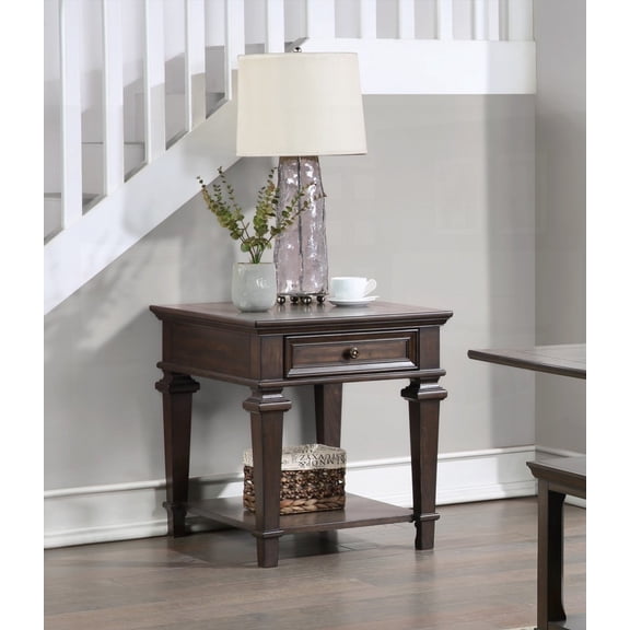 Espresso Finish End Table for Living Room - 1pc with Birch Veneer and 1 Dovetail Drawer