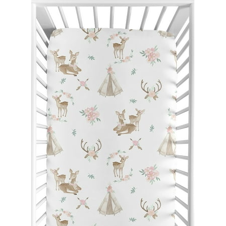 UPC: 0846480065821 | Blush Pink Mint Green and White Boho Baby or Toddler Fitted Crib Sheet for Woodland Deer Floral Collection by Sweet Jojo Designs