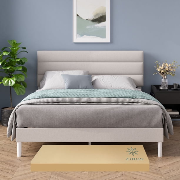 Base de Cama con Cabecera Matrimonial Zinus Piper Tapizada Color Beige. Fácil Armado.