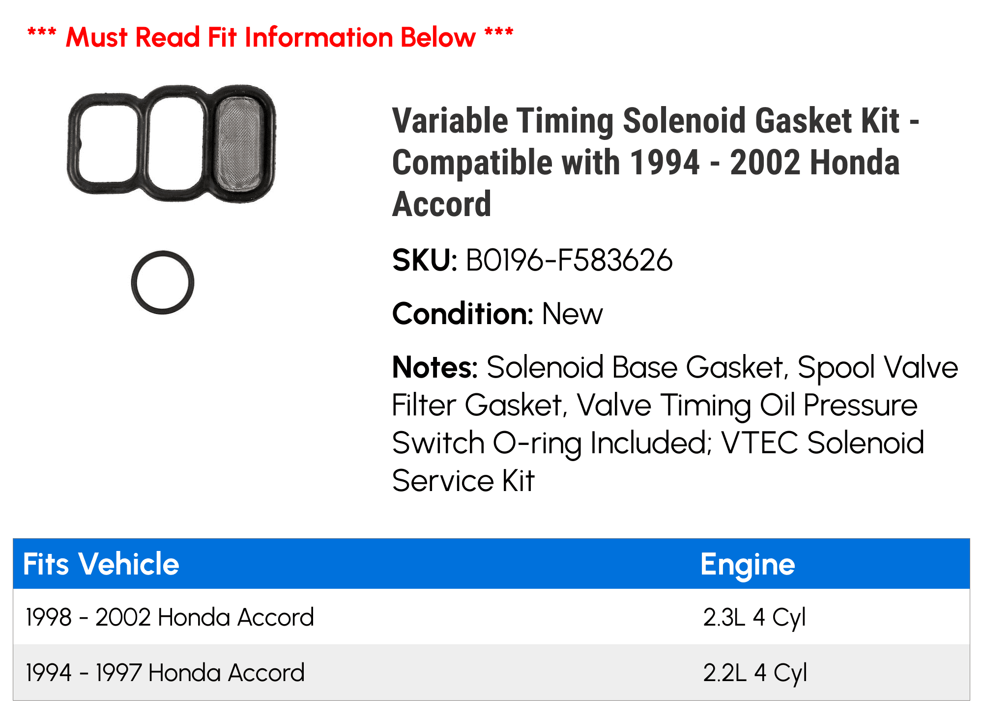 Variable Timing Solenoid Gasket Kit Compatible with 1994 2002 Honda  Accord 1995 1996 1997 1998 1999 2000 2001