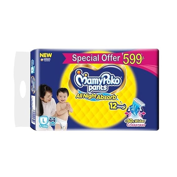 Mamypoko pants All Night Absorb| Pant Style Baby Diapers Large Size(L), 44 Count