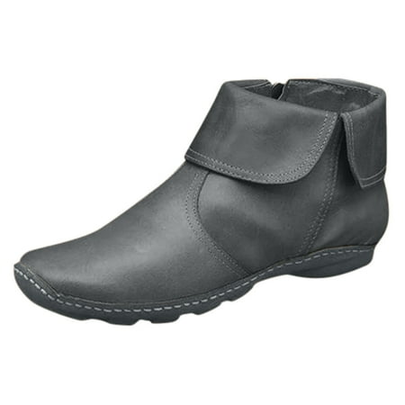 KIJBLAE Women s Ankle Boots Fold Over Zipper Boots Leather Winter Warm Shoes Non-Slip Comfortable Boots Outdoor Fashion Footwear Zipper Gray 37