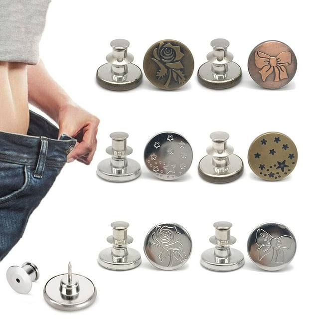 6 Pcs Buttons for Jeans,Adjustable Jean Button Pins,Pant Waist Tightener,No Sew and No Tools Instant Jean Button Pins for Pants, Simple Installation, Reusable and Adjustable,Style 2