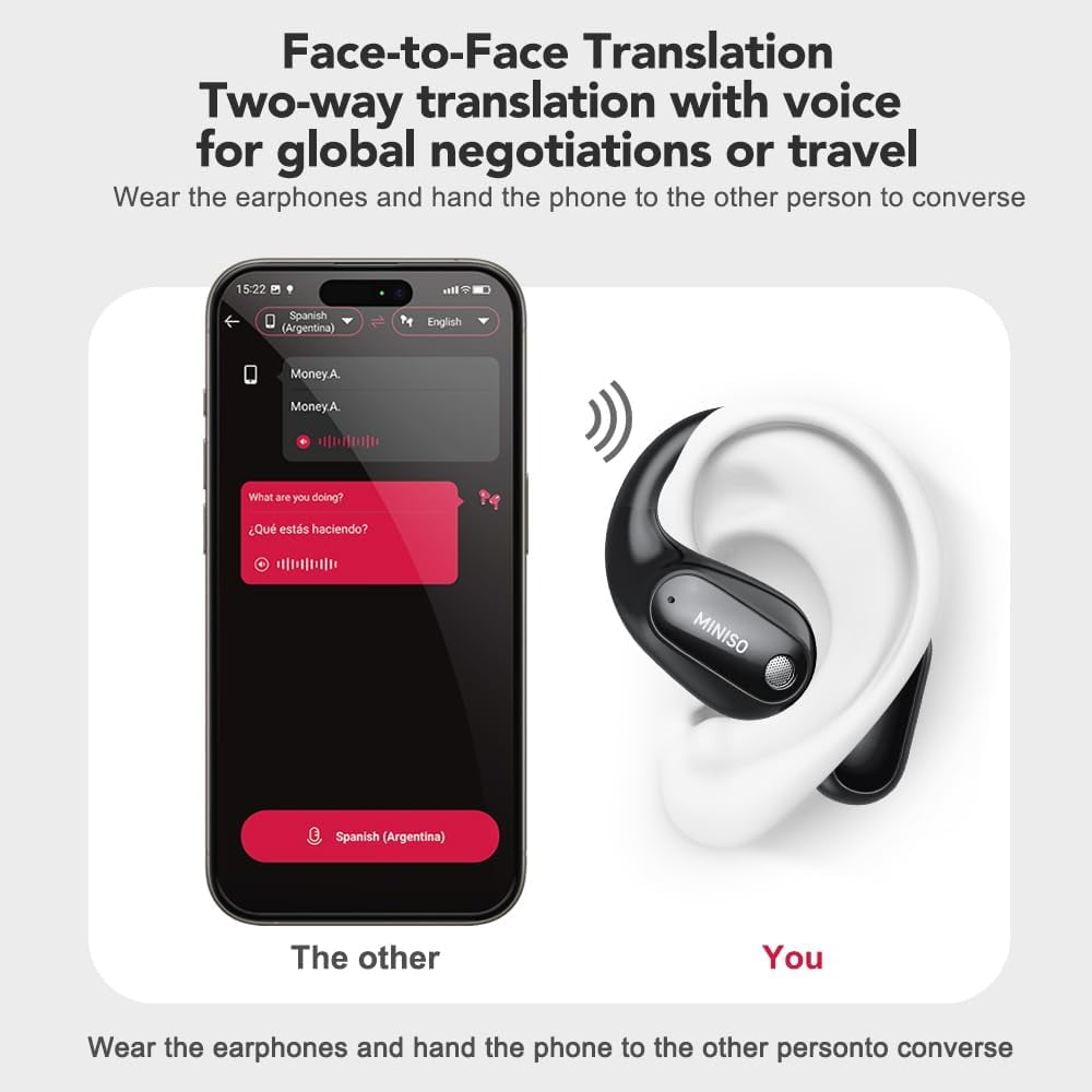 MINISO MS190 AI Translation Earbuds Real Time 135 Language Open Ear Translator Earbuds Fit iOS and Android
