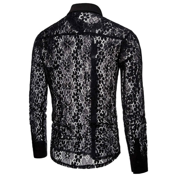 Hpapadks Mens Shirt Long Sleeve Lace Hollow Out Solid Lapel Button Down Blouses Breathable Dress Shirts for Men Black L