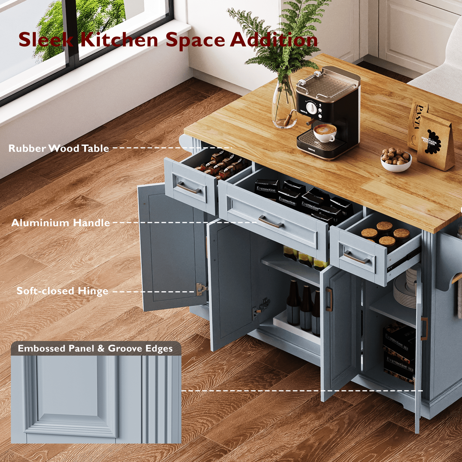 Harper & Bright Designs Large Kitchen Island with Drop Leaf, Rolling Kitchen Cart on 4 Wheels with Doors and 3 Drawers, Kitchen Island with Storage for Dining Room, Grey+Blue