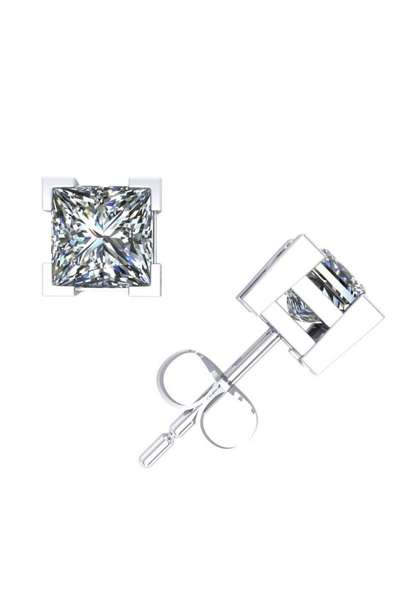 1.50Carat Princess Cut Diamond Stud Earrings 14k White Gold V-Prong Set F VS2