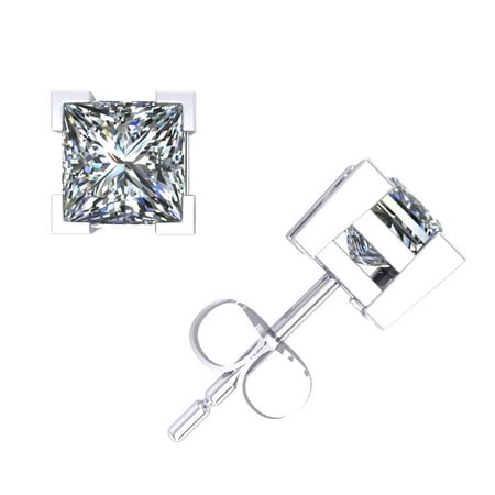 - 1.25Ct Princess Cut Diamond Stud Earrings 14k White Gold V-Prong Set Push Back F VS2
