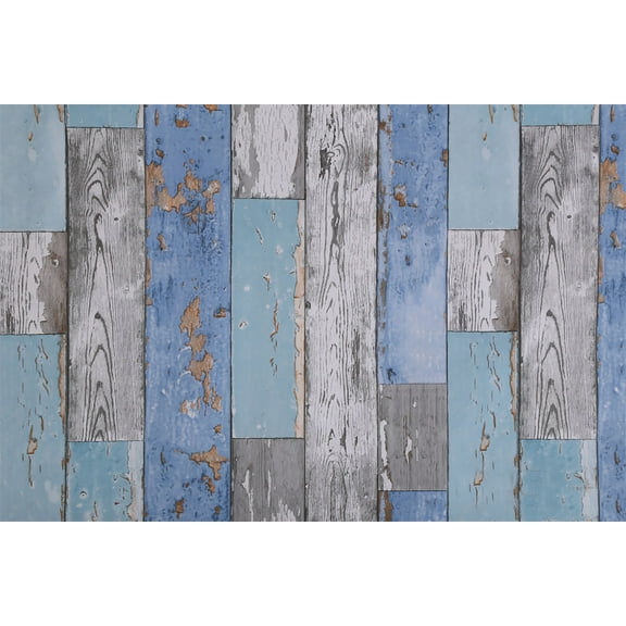 Dundee Deco Peel and Stick Self Adhesive Wallpaper - Distressed Wooden Blue, Teal, Grey Planks, 18 ft x 18 in
