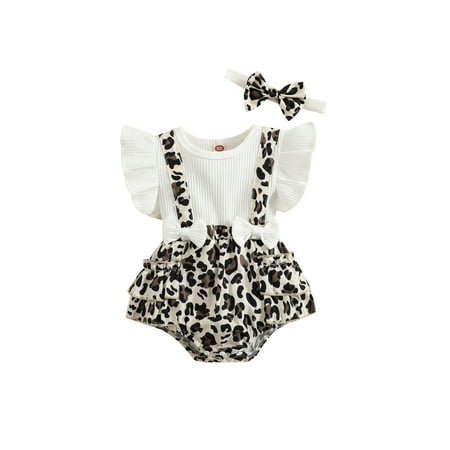 

Nokpsedcb Toddler Infant Girls Summer 2Pcs Outfits Flying Sleeve Floral Leopard Print Patchwork Romper + Headband Leopard 0-3 Months