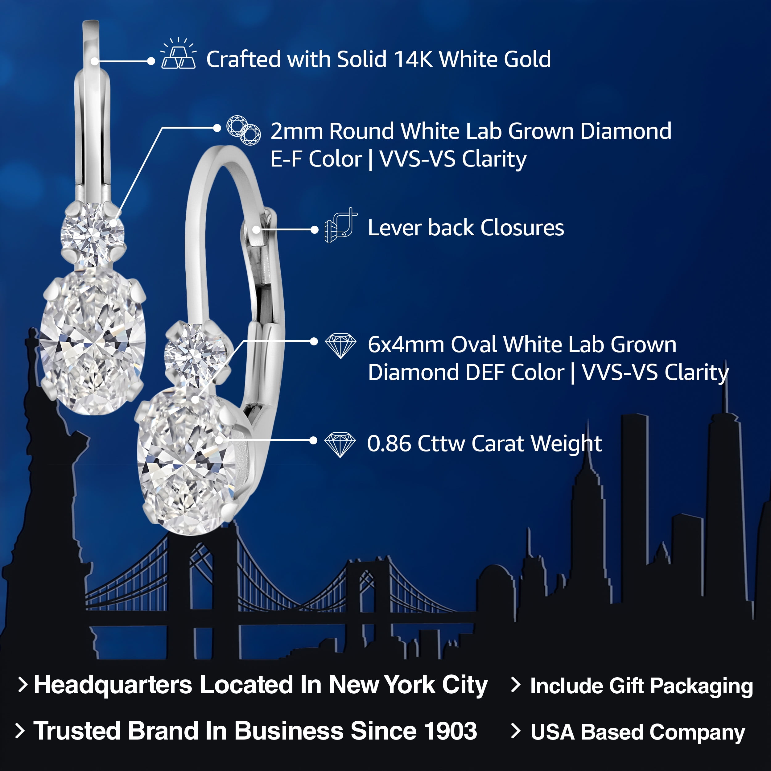Gem Stone King 14K White Gold White Lab Grown Diamond Leverback Earrings for Women | 0.86 Cttw | Oval 6X4MM and Round 2MM | DEF Color | VVS-VS Clarity | 3/4 inch