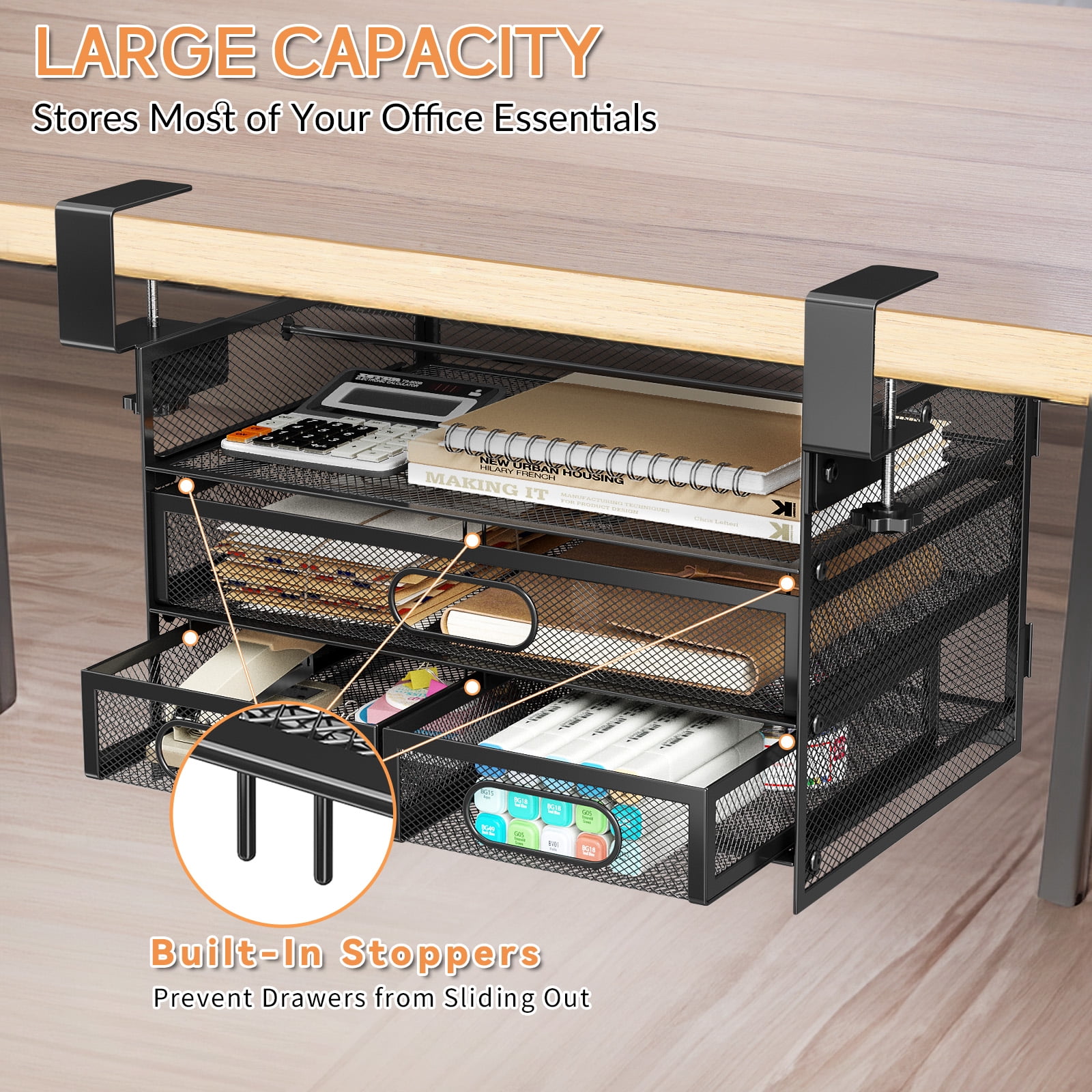 Under Desk Drawer Organizer, Large Under Desk Storage Side Drawers for Home & Office, L12.9xW9.6xH8.1 Drill-Free Clamp-on Installation for Small Space, Spacious Storage for Office Supplies, Papers