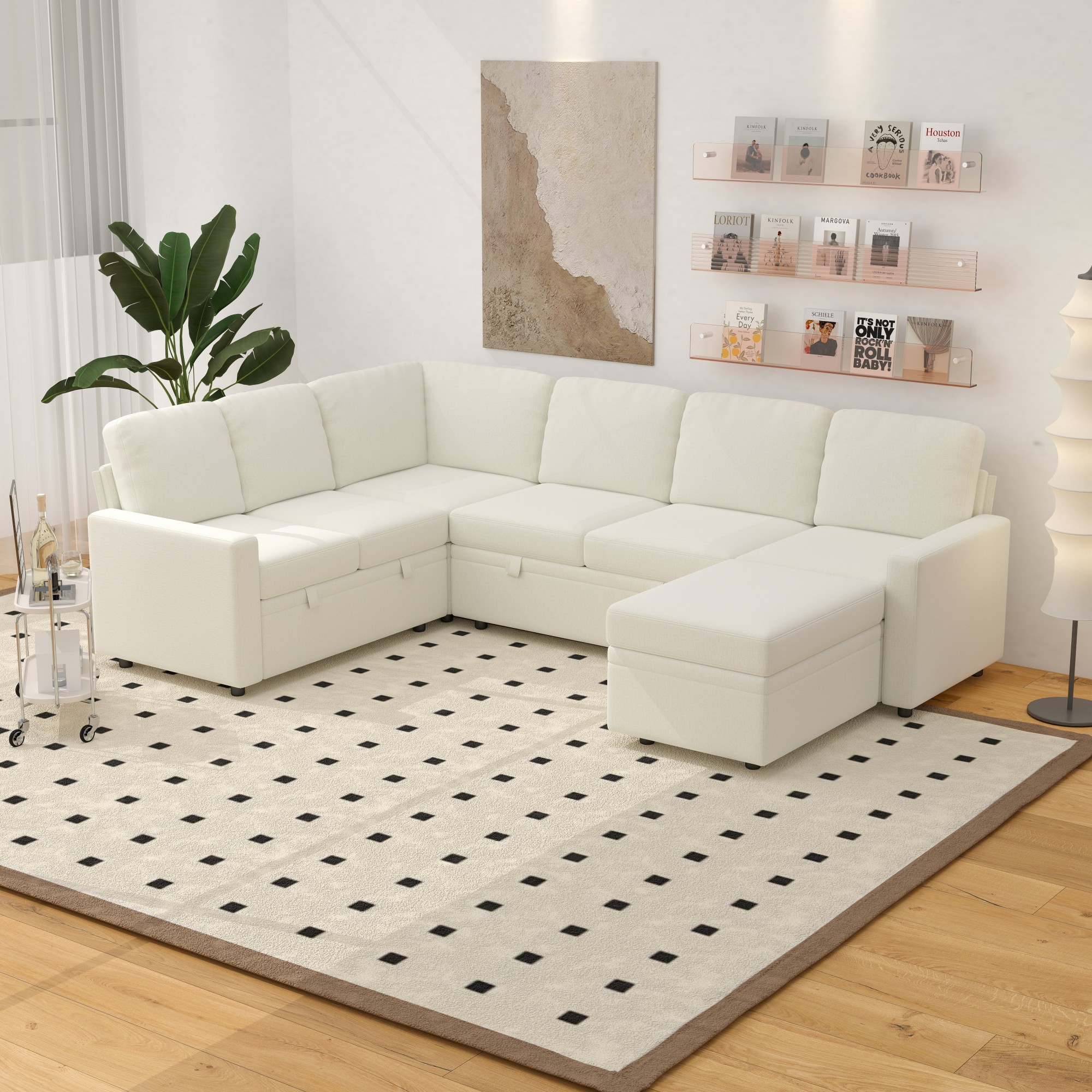 Gewnee 6-Seater Beige L-Shaped Convertible Sofa - Skin-Friendly & Wear-Resistant Chenille Fabric, Multifunctional Storage, for Living Rooms & Halls（including 1 footstool）
