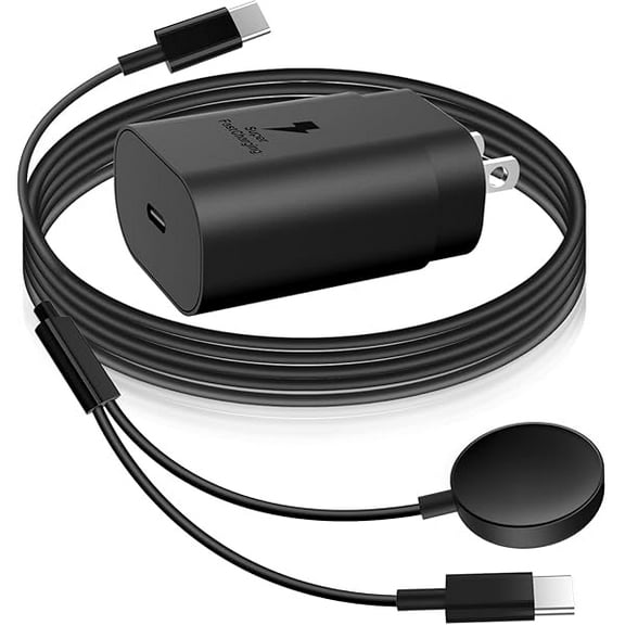 FU212525W USB C Charger, 2 in 1 Watch Charger Compatible for Samsung Galaxy Watch 7/FE/6/6 Classic/5 Pro/5/4/3/Active2/1 and Galaxy S25/S24/S23/S22/21/20 Note20/10/Z Fold 6(4.9 ft)