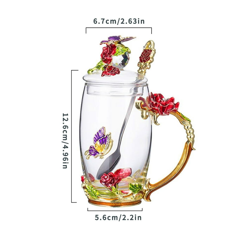 Affogato Glass Flower Tea Cup,Coffee Mugs with Lid, Coaster, Spoon for  Party 18oz 350ml Red 