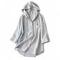 thumbnail image 4 of Qulqfy Cotton Women's Blouses Solid 3/4 Sleeve Casual Fall Gray Drawstring Button Up Hooded Dressy Work Shirts for Women M, 4 of 6