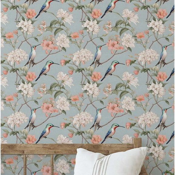 S4Sassy Self-Stick Decorative Wallpaper, Bird & Blossom Wall Paper, Plain Vinyl Waterproof Contact Paper, Blue, 25"X120" Removable Renter Friendly Wall Covering For Bedroom, Dining Room