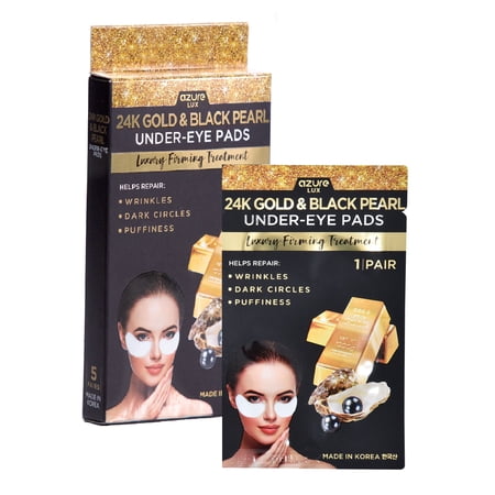 Azure Cosmetics 24K Gold & Black Pearl Luxury Firming Under Eye Pads - Moisturizing & Restoring Eye Mask Patches - Reduces Fine Lines, Wrinkles, Dark Circles & Puffiness - Made in Korea - 5 Pairs