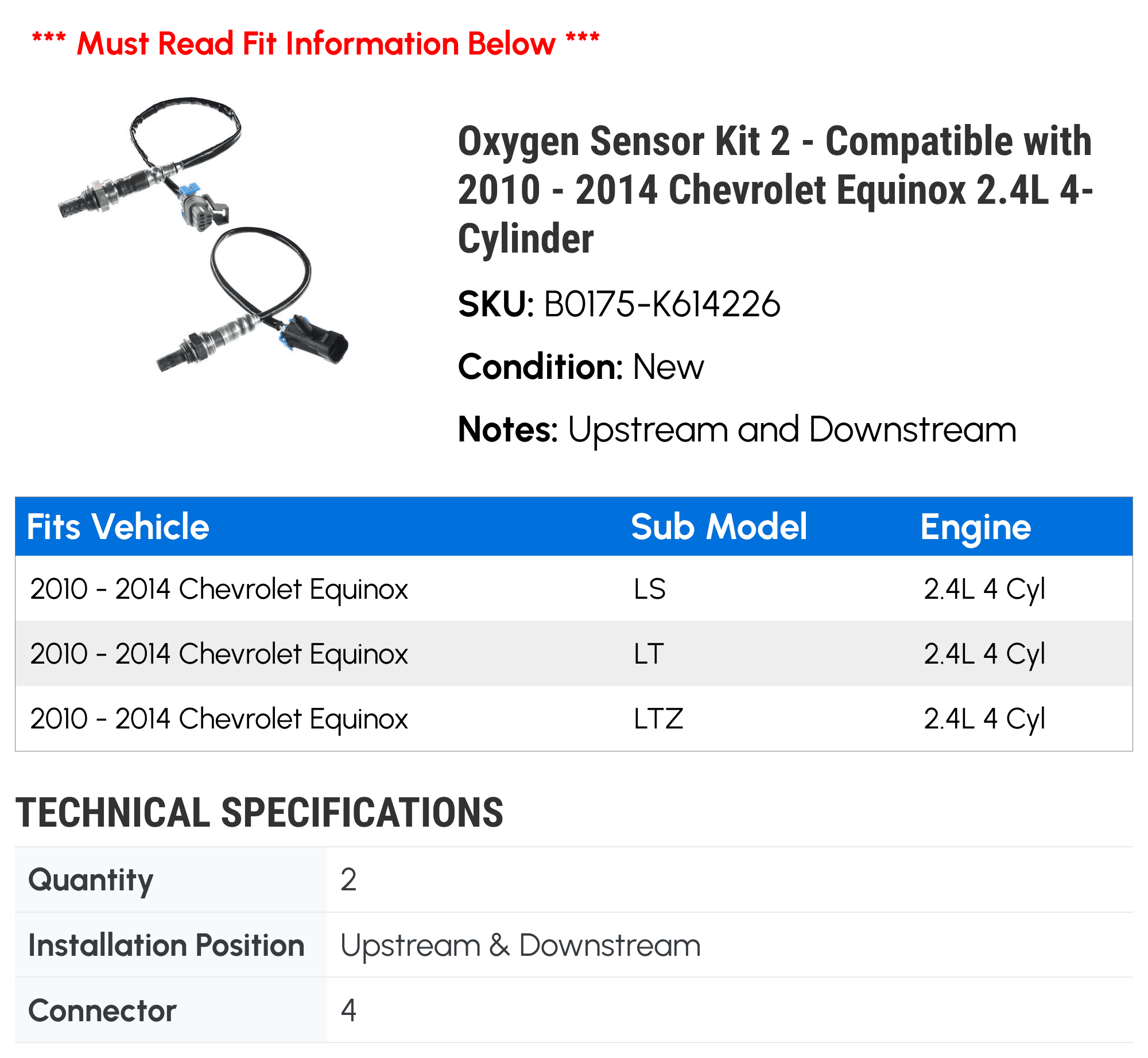 Oxygen Sensor Kit 2 - Compatible with 2010 - 2014 Chevrolet Equinox 2.4L 4-Cylinder - Autopart Premium