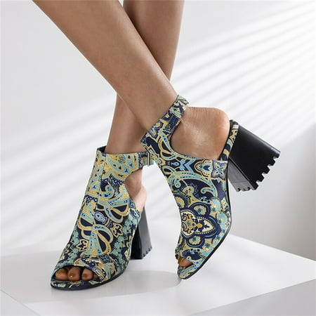 

XIAQUJ Ladies Fashion Solid Color Flock Hollow Open Toe Thick High Heeled Buckle Roman Sandals Sandals for Women Blue 8(40)