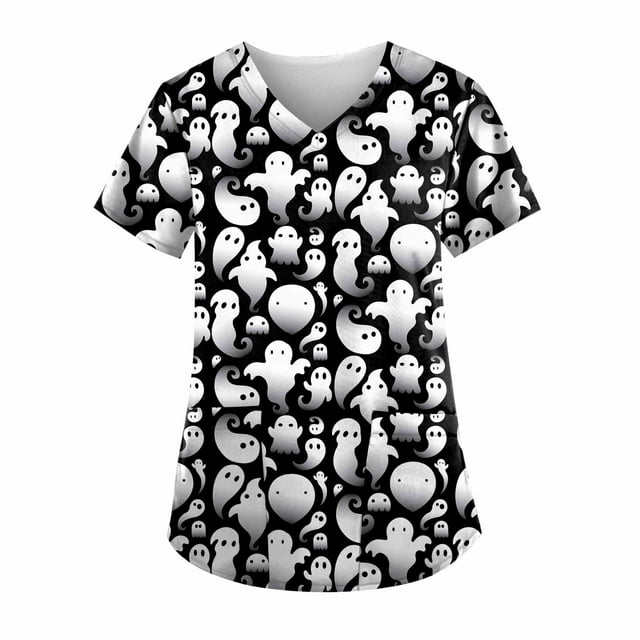TIMIFIS Sarraus pour Femmes Hauts d'Halloween Squelette Citrouille Hauts Blouse Imprimé Fantôme Uniformes et Sarraus pour Femmes Infirmière Tenue de Travail Extensible T-Shirts Décontractés de Fête Blouse Hauts de Sarraus avec Poches-Noir
