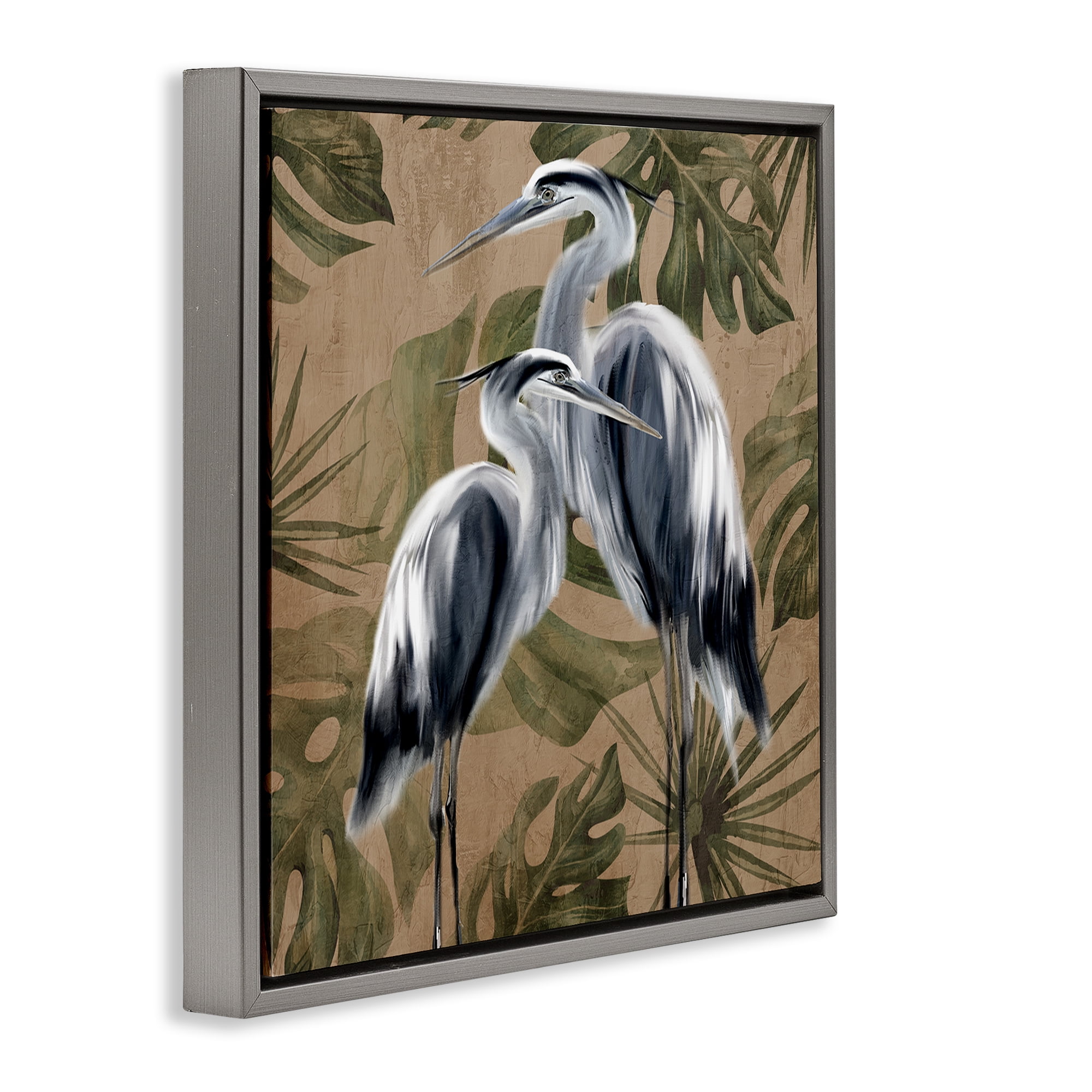Stupell Industries Two Herons over Tropical Leaves Gray Framed Floater Canvas Wall Art, design by Kim Allen