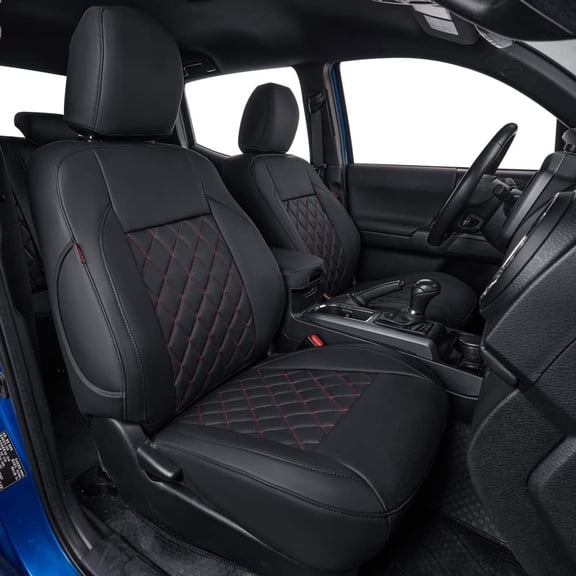 Coverdream Custom Fit For Tacoma Car Seat Covers for Toyota Tacoma Base 2012-2015 - Breathable Leather Auto Seat Covers (Full Set,Black With Red)